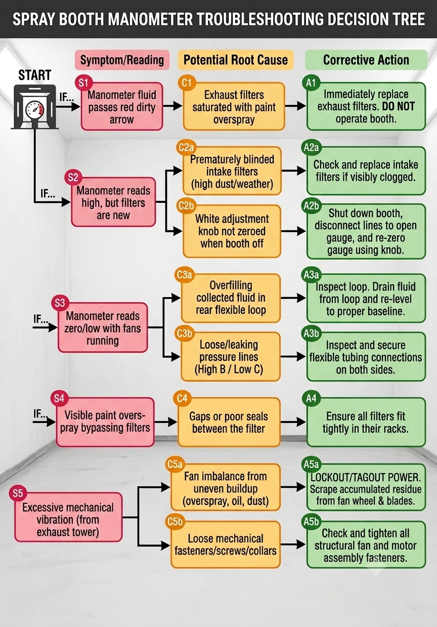 manometer-troubleshooting-decision-tree Flowchart for spray booth manometer troubleshooting: three color-coded columns (pink symptom/reading, orange potential root cause, green corrective action) showing S1–S5 paths from Start to solutions in a decision-tree format.